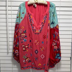 Savannah Jane Top Multicolor Embroidered Split Neck 3/4 sleeve Boho Chic  2X
